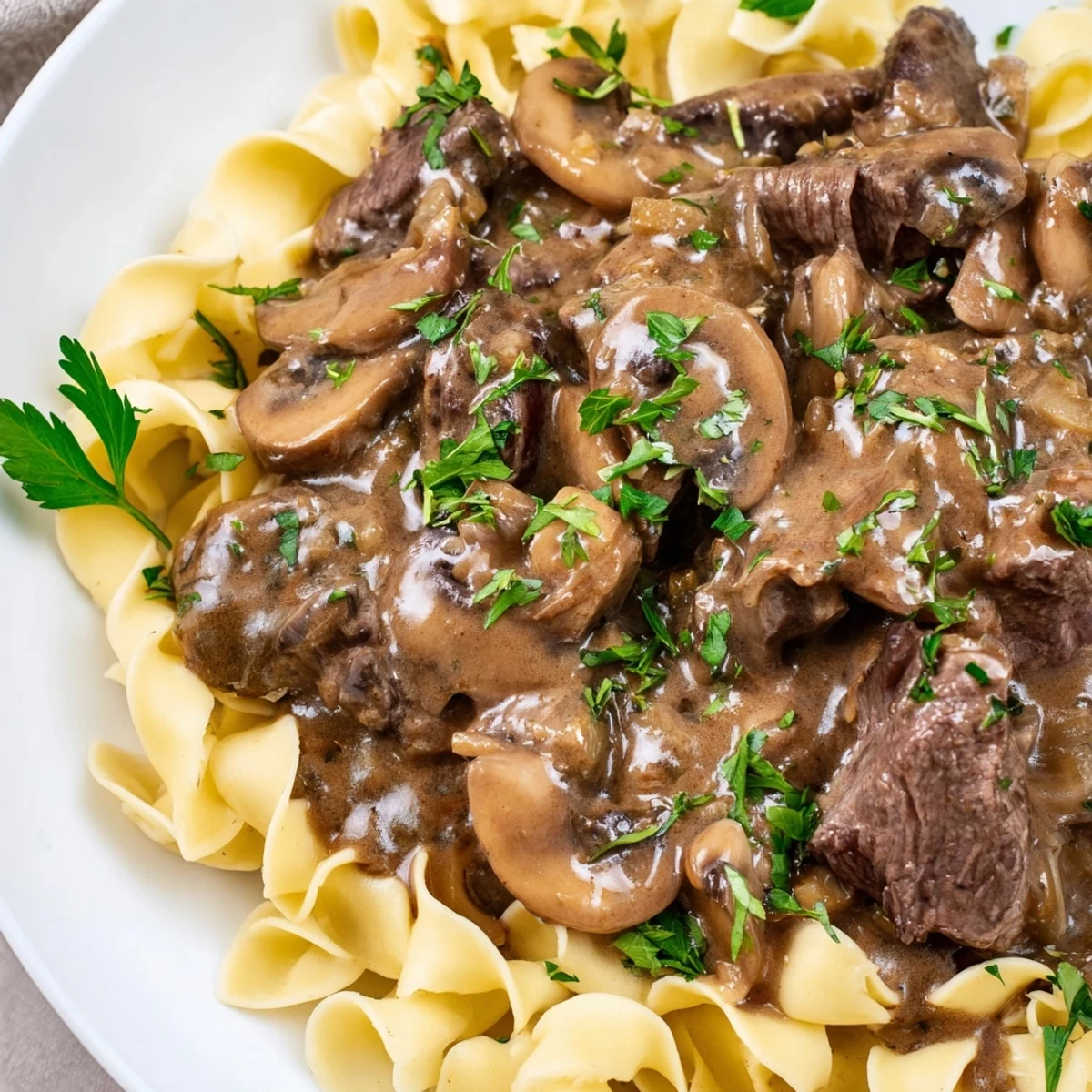 Tender beef and cremini mushrooms in rich Beef Stroganoff, plated over rice with a dollop of sour cream.