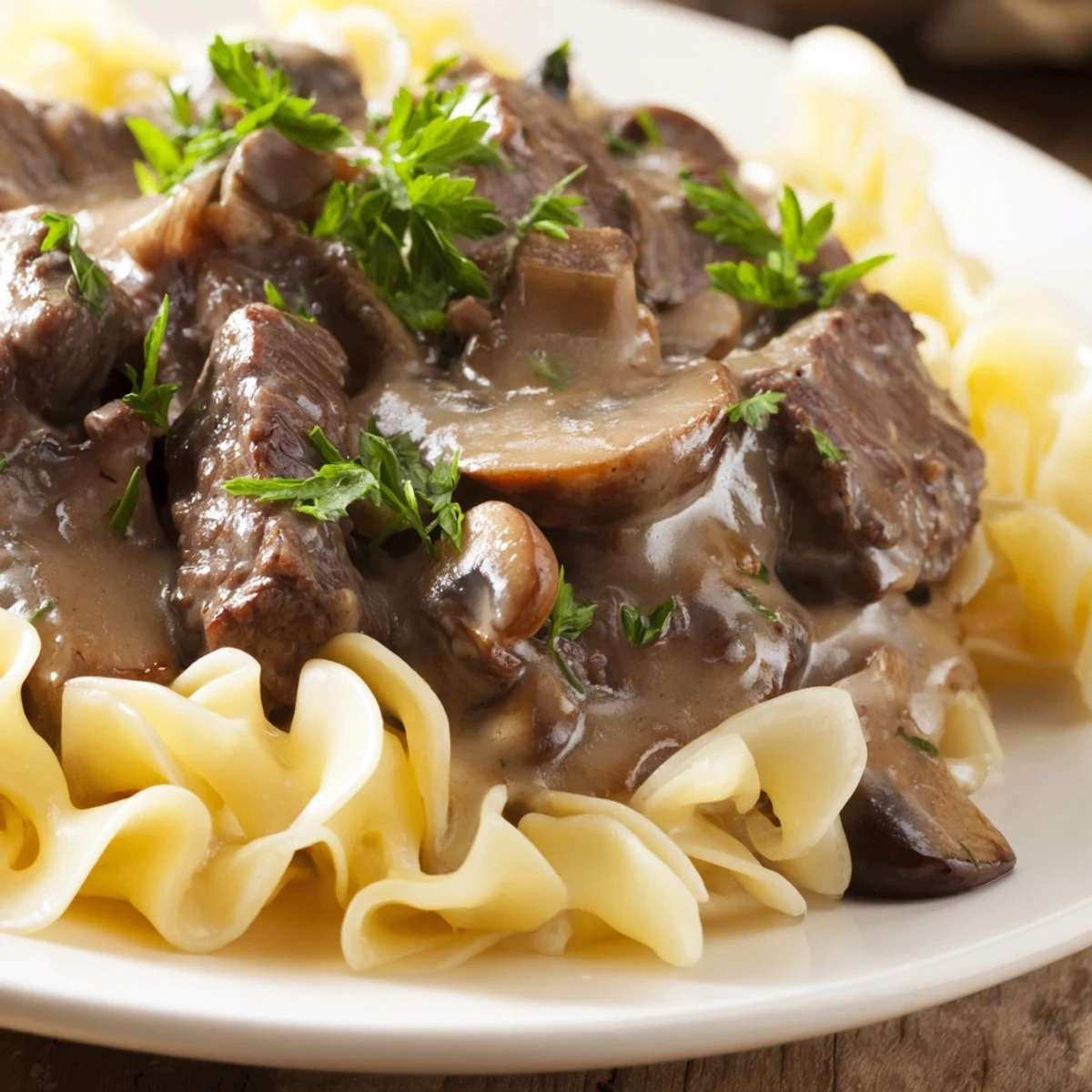 Beef Stroganoff with Mushroom Gravy in a skillet, garnished with fresh parsley and steam rising.