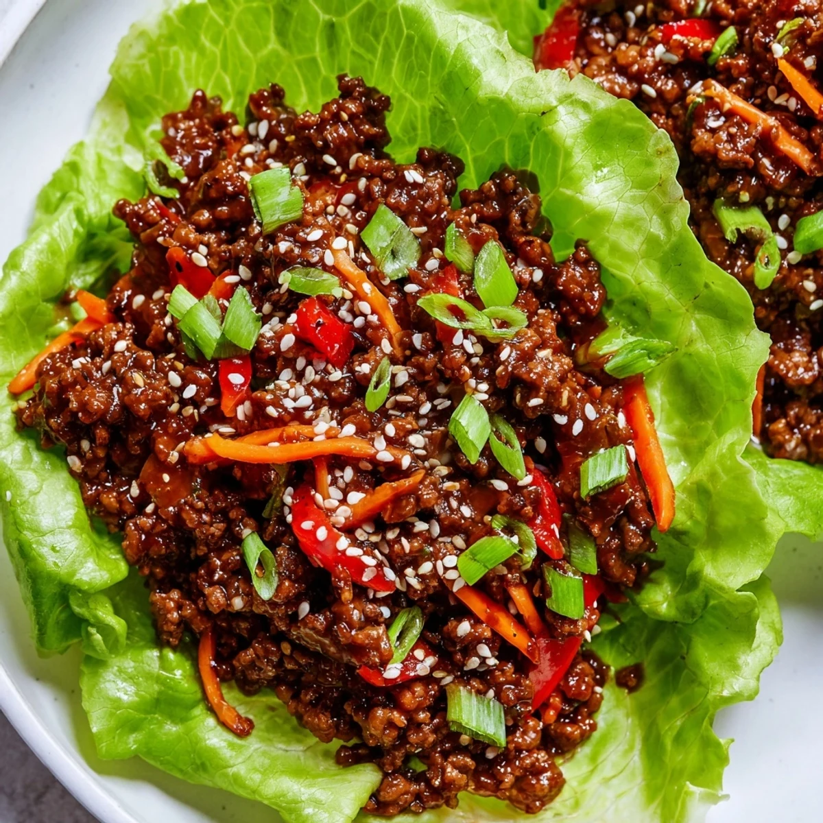 Hand holding a lettuce wrap overflowing with saucy beef, crunchy peppers, and carrots, ideal for a light, flavorful weeknight meal.