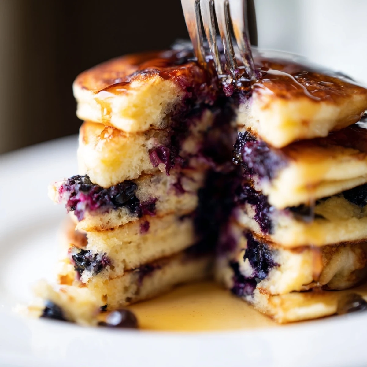Golden Lemon Blueberry Pancakes with syrup stacked high on a plate, with fresh blueberries and lemon zest garnish.