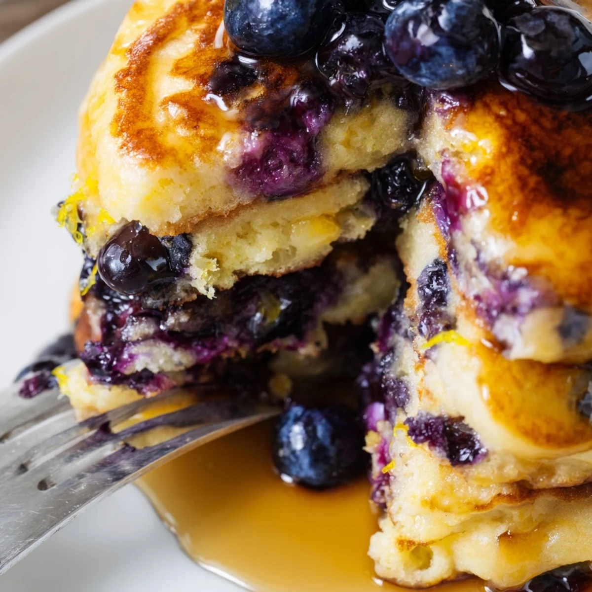 Fluffy Lemon Blueberry Pancakes topped with maple syrup, ready to serve for a sweet breakfast.