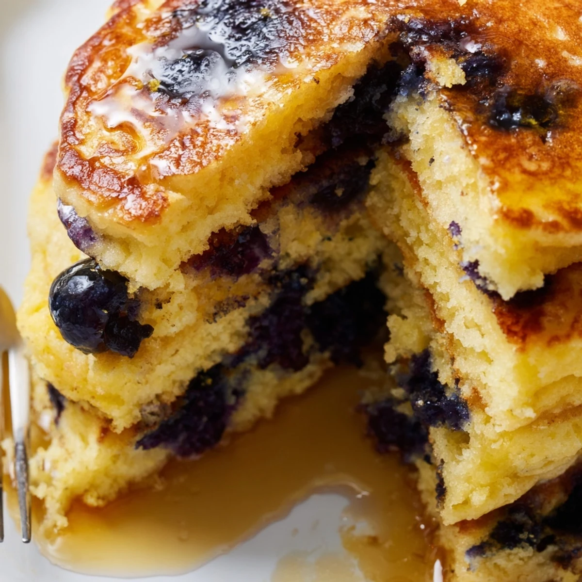 Warm Lemon Blueberry Pancakes drizzled with syrup, fresh berries, and lemon zest on a rustic table.
