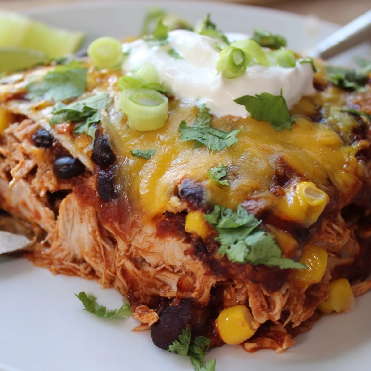 A freshly baked Chicken Enchilada Casserole with Cheese bubbling in a glass dish, topped with green onions and cilantro.