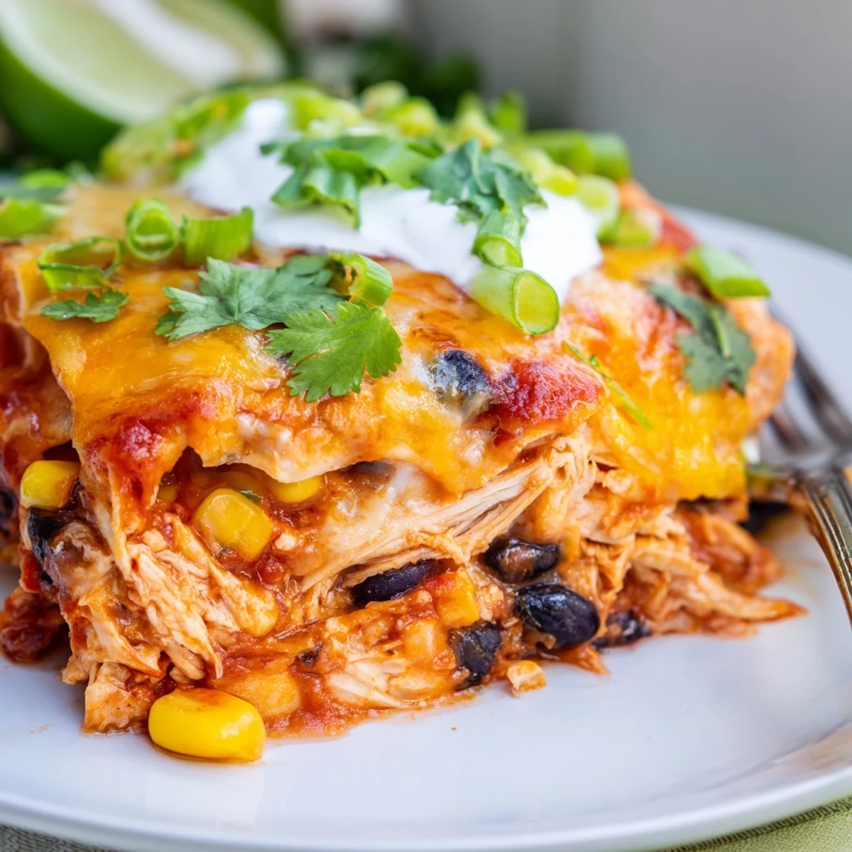 Freshly baked Chicken Enchilada Casserole with Cheese served with sour cream and lime wedges on a rustic dinner table.