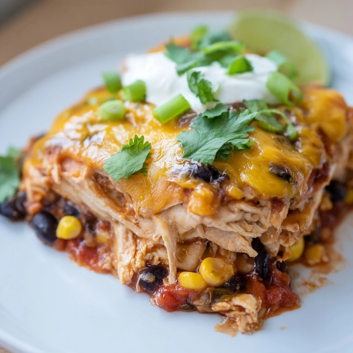 Close-up of layered Chicken Enchilada Casserole with Cheese, showing shredded chicken, black beans, and melted cheddar.