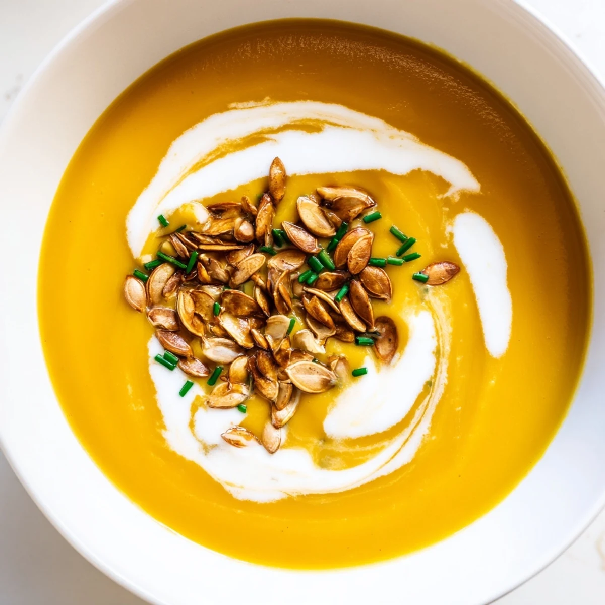 A spoon dips into warm Winter Squash Soup with Apple, showing its smooth texture and cozy color.