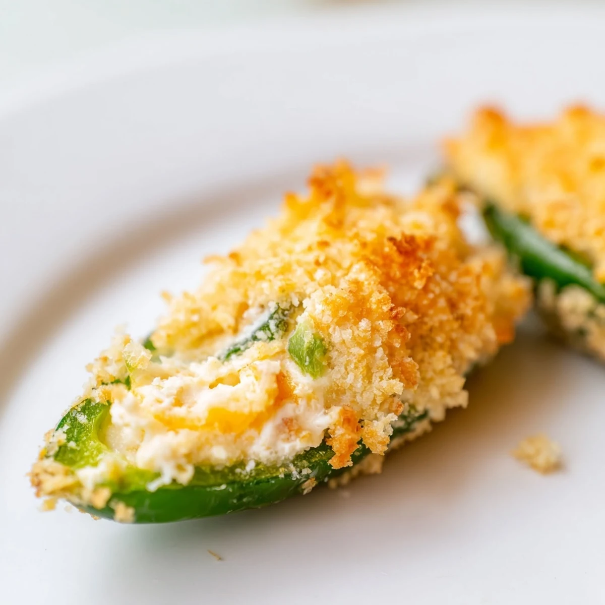 Freshly fried Spicy Jalapeño Poppers with Cream Cheese rest on a white plate, the golden breadcrumbs glistening beside a small bowl of ranch dip.