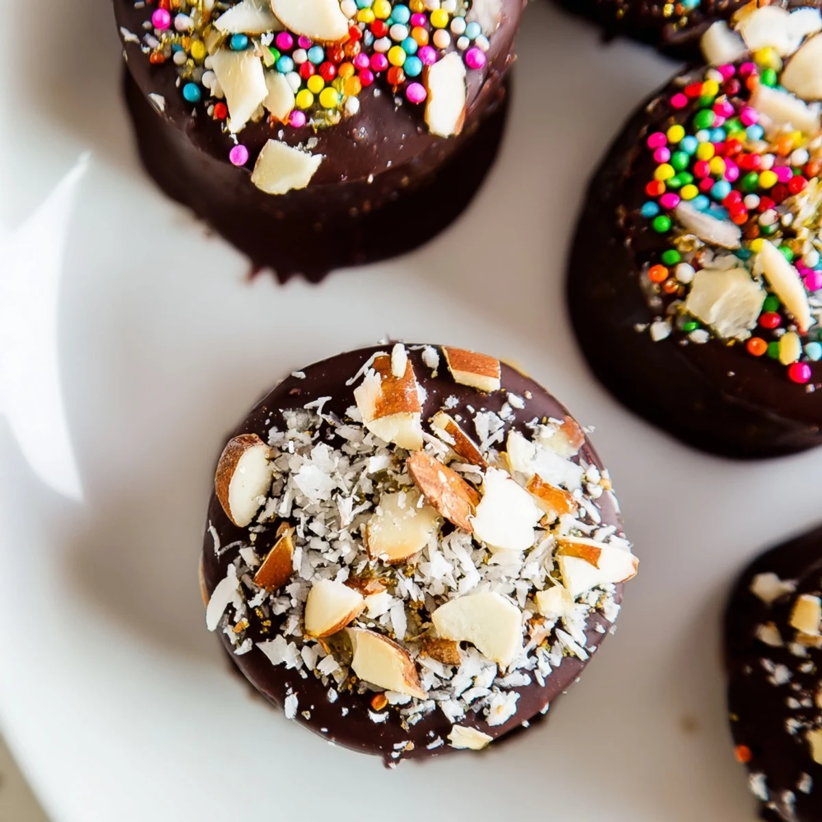 Chocolate Covered Banana Bites stacked on a white plate, drizzled with white chocolate and sprinkled with freeze-dried raspberries.