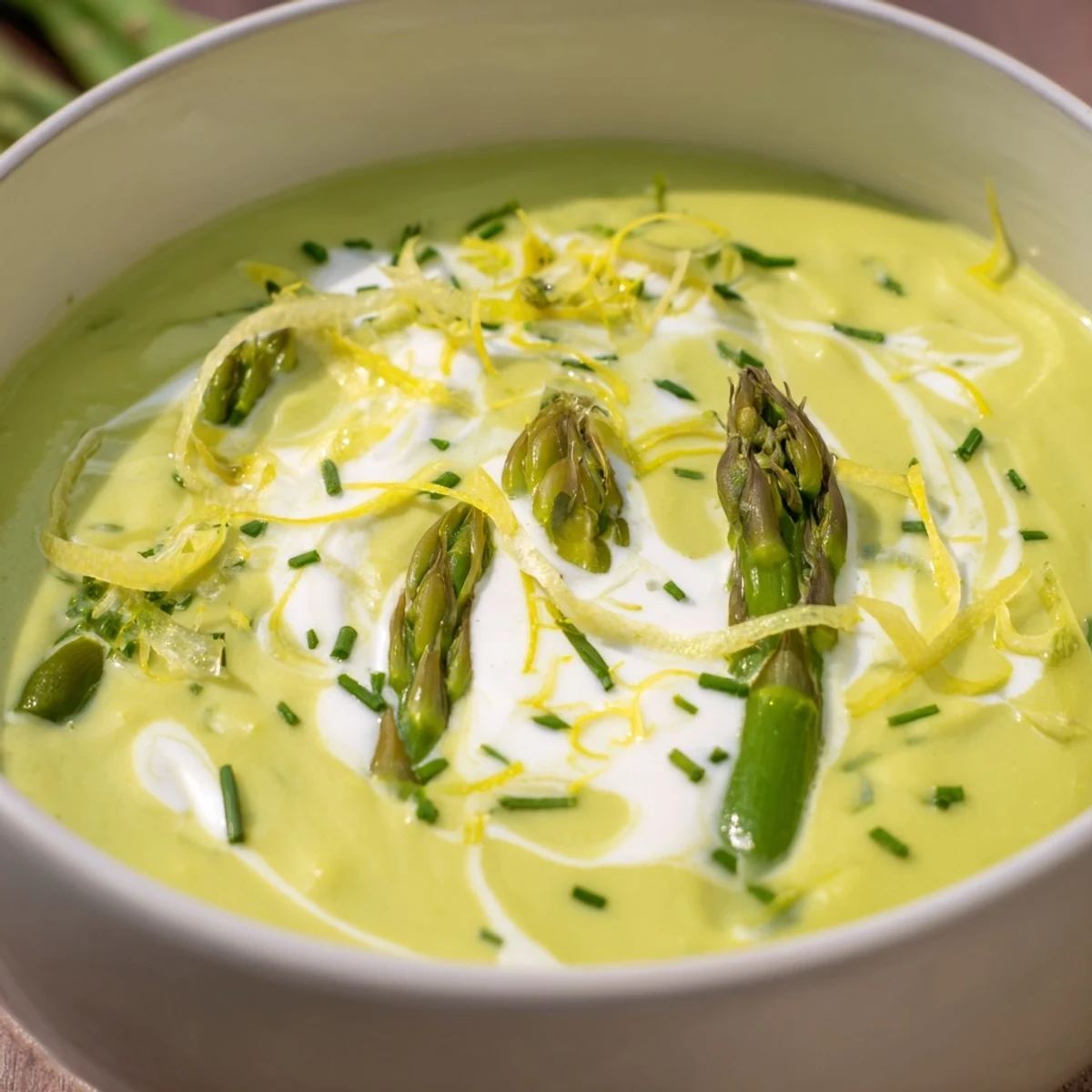 Creamy Asparagus Soup with Lemon steaming in a white bowl, garnished with fresh lemon zest and tender spears.