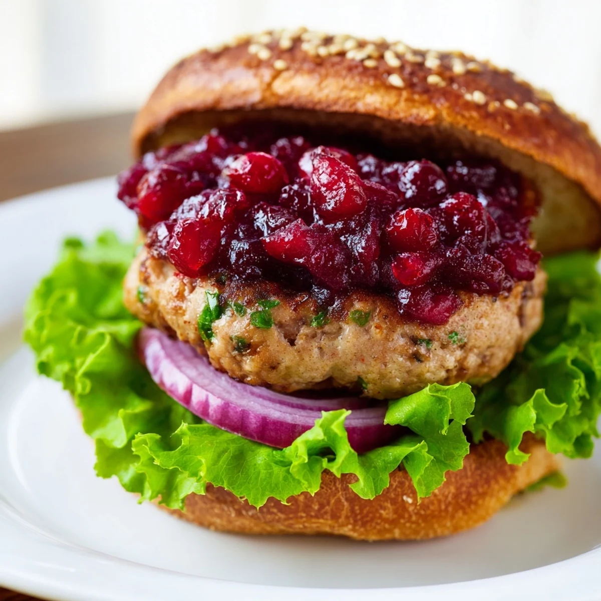 Juicy turkey burgers with cranberry sauce sit on toasted buns with lettuce and red onion slices.
