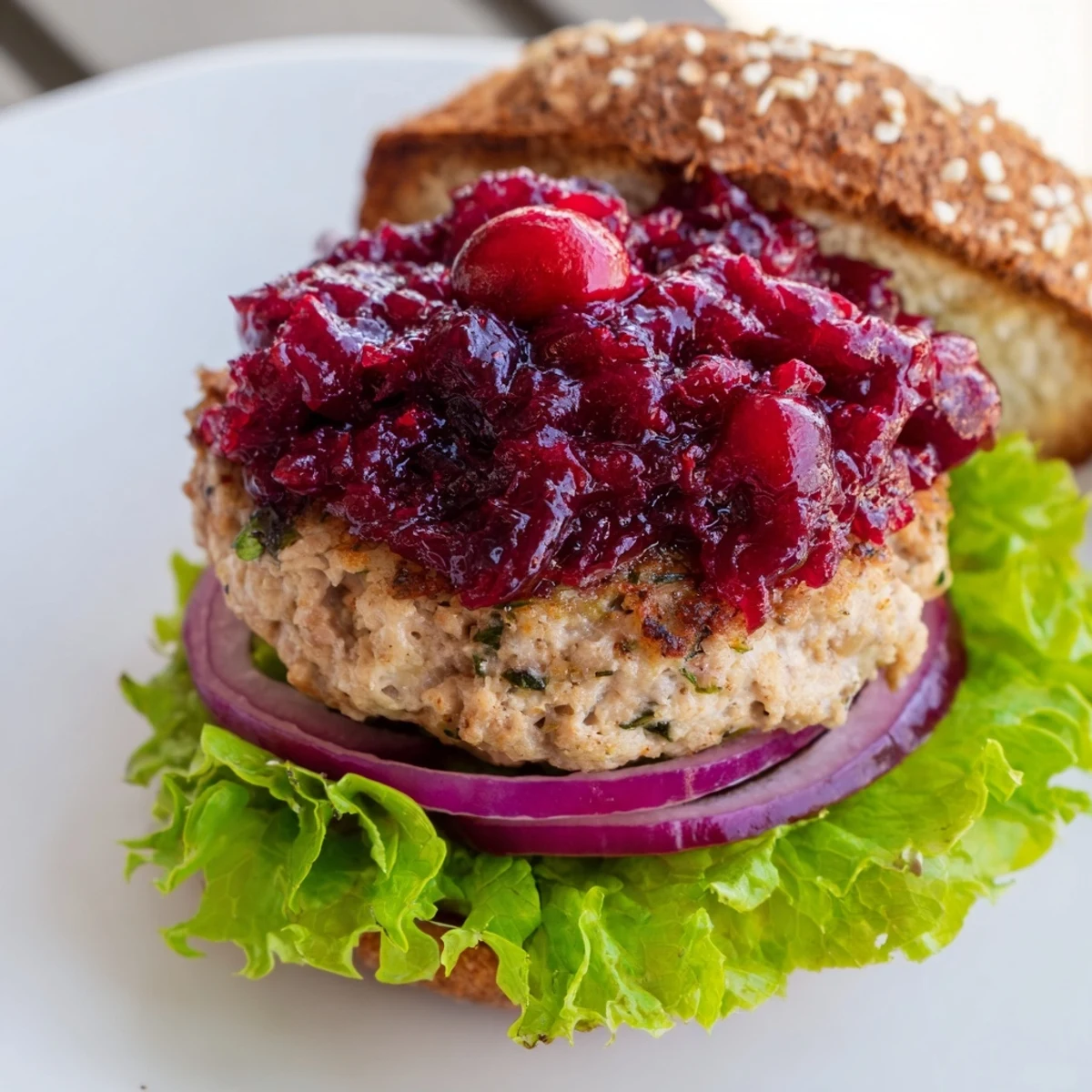 A simmering cranberry sauce garnishes turkey burgers on brioche buns with red onion and lettuce.