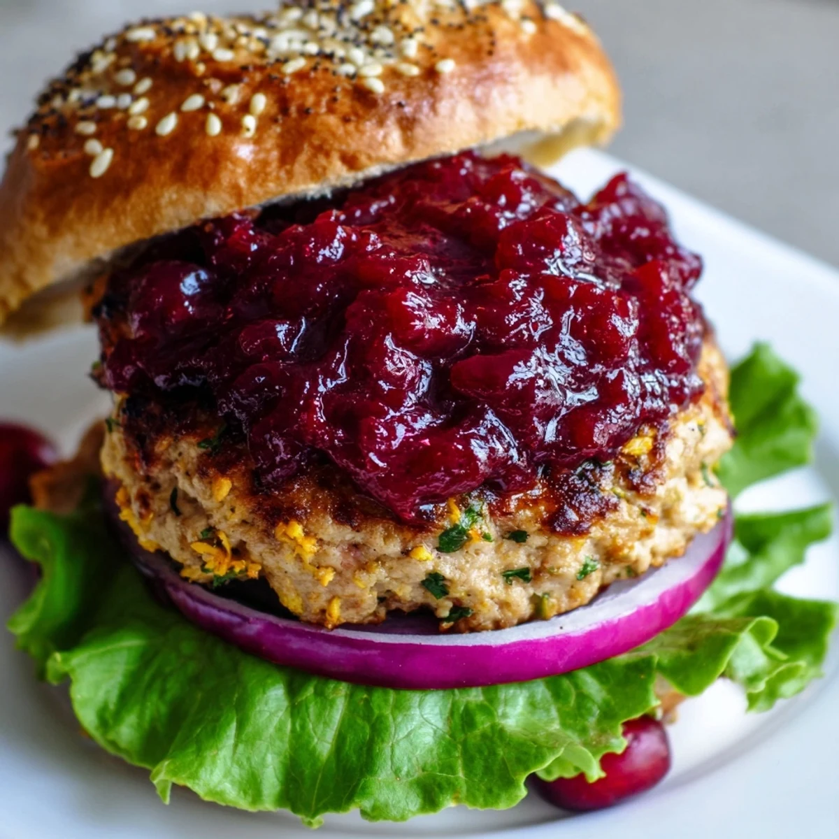Homemade turkey burgers topped with glossy cranberry sauce and crisp lettuce on a serving platter.