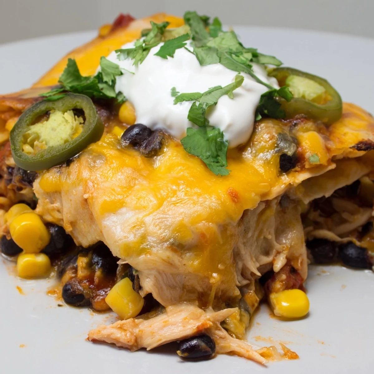 Golden melted cheddar cheese bubbles over a baked Chicken Enchilada Casserole, served hot in a dish.