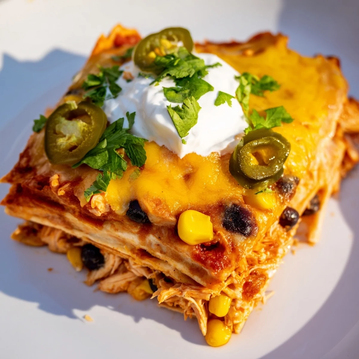 Layers of shredded chicken and corn tortilla stack up inside a savory red enchilada sauce casserole.