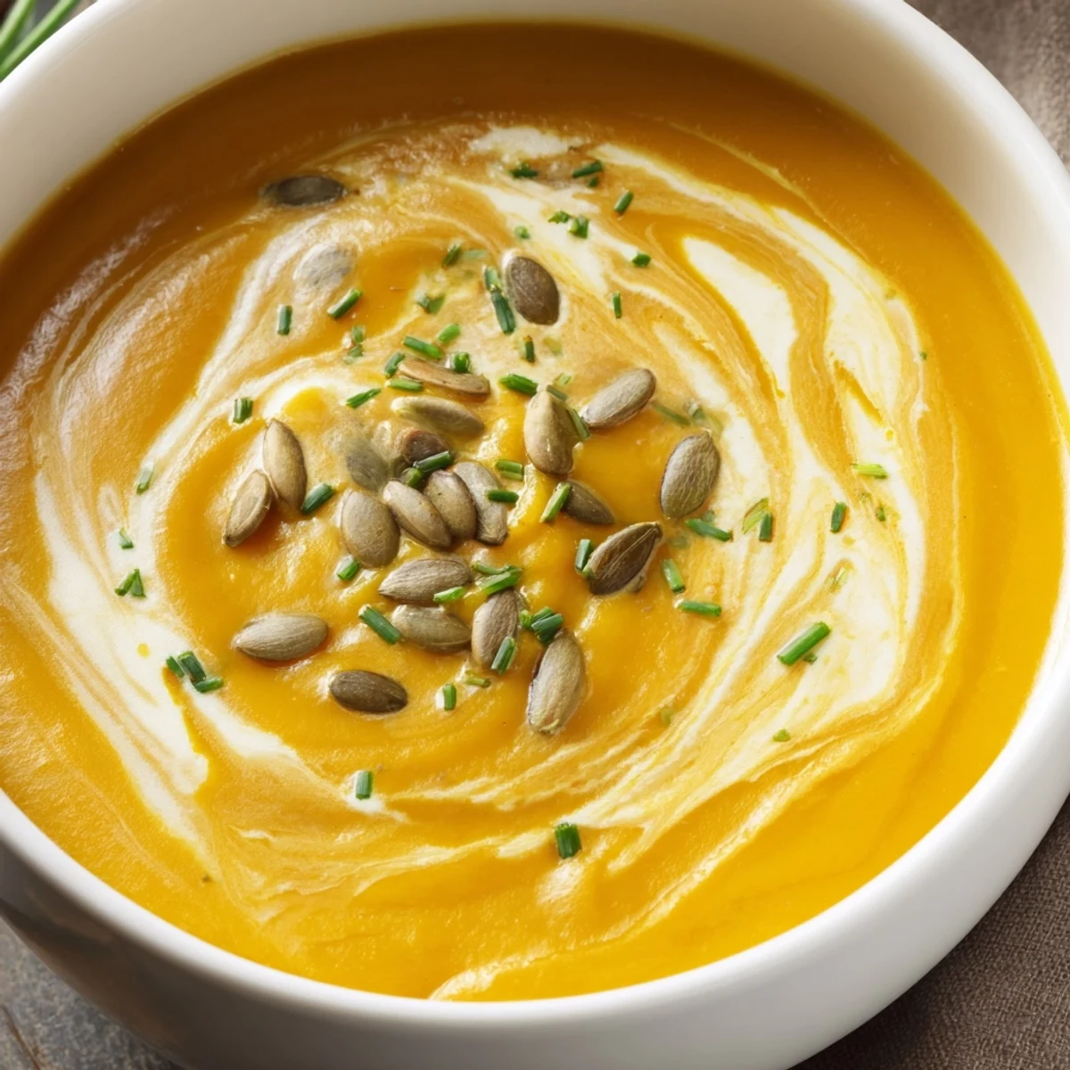 Creamy Winter Squash Soup with Apple and Ginger topped with toasted pumpkin seeds and fresh chives.