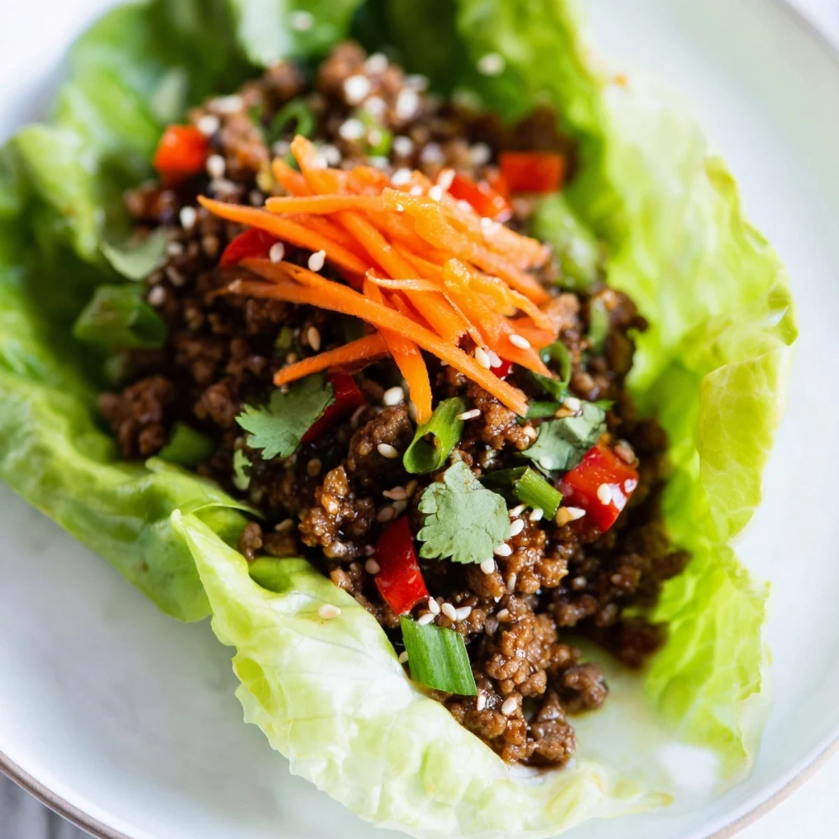 Golden brown ground beef sautéed with ginger and garlic is spooned into crisp butter lettuce cups for these Beef Lettuce Wraps with Hoisin Sauce and Ginger.