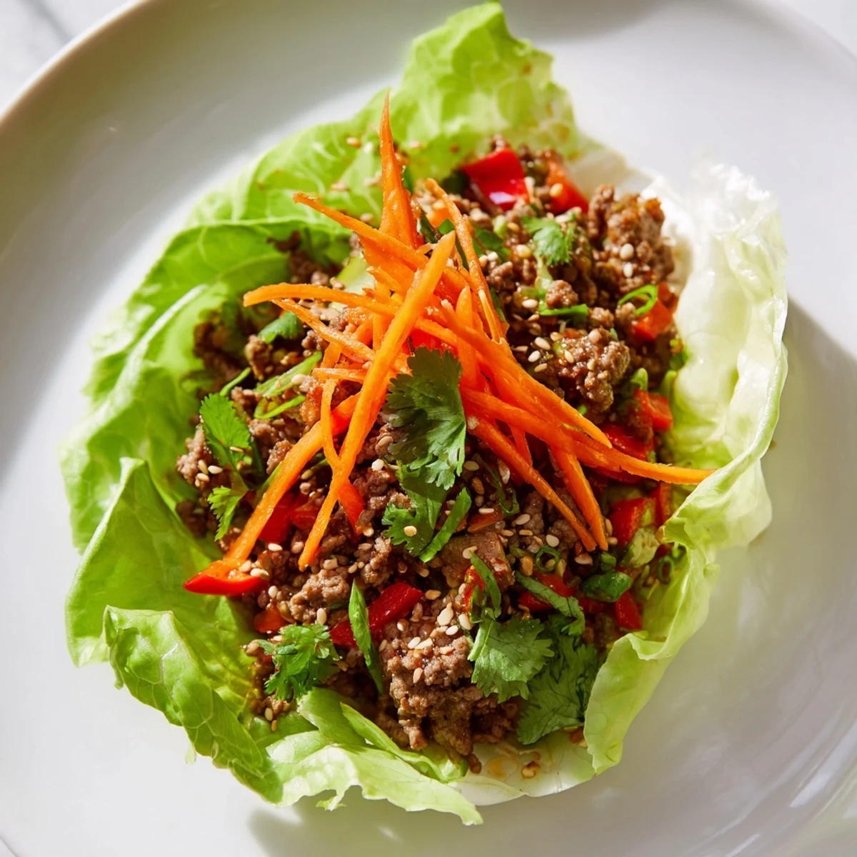Freshly prepared Beef Lettuce Wraps with Hoisin Sauce and Ginger are topped with julienned carrots, green onions, and sesame seeds on a rustic plate.
