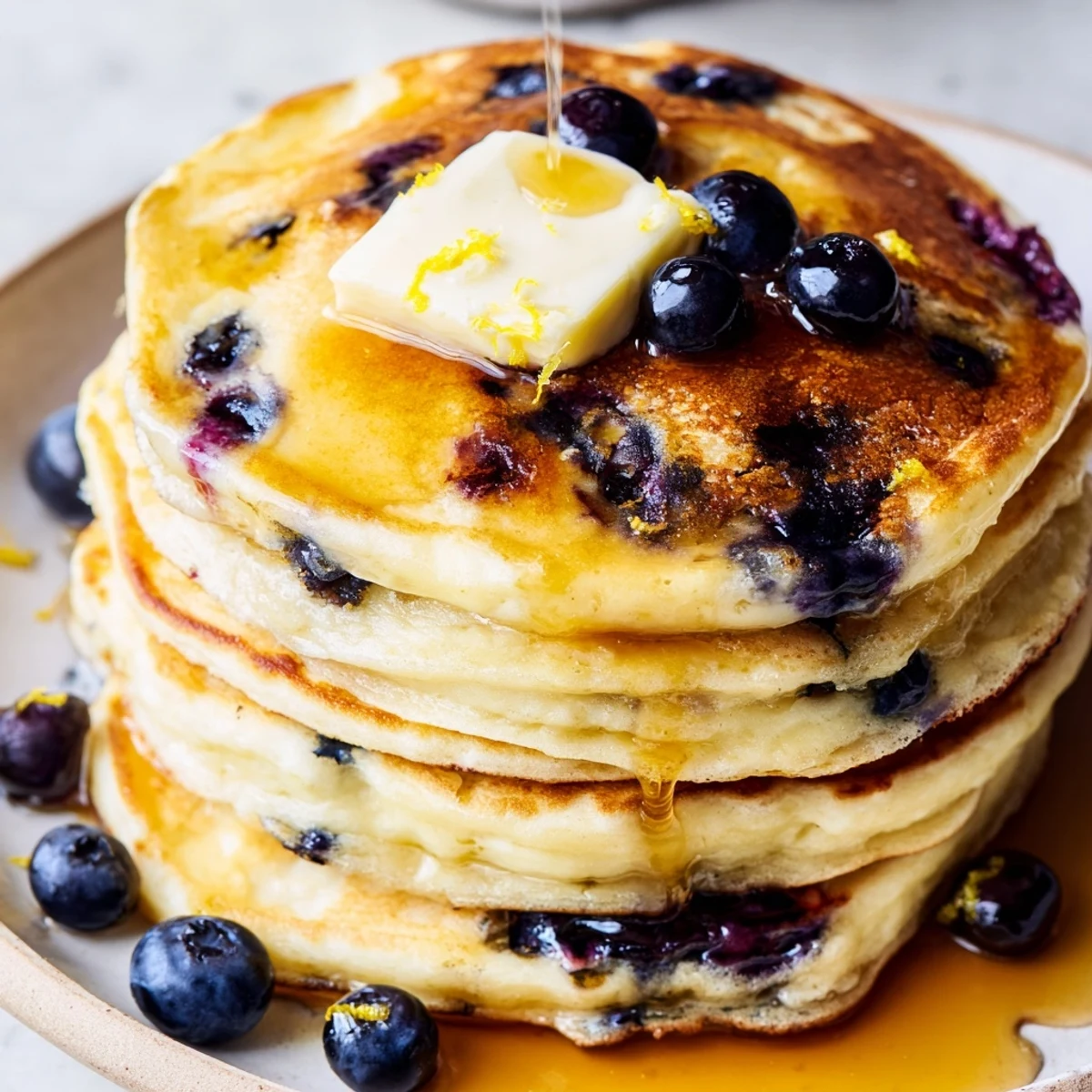 Golden-brown Lemon Blueberry Pancakes stacked high, generously drizzled with warm maple syrup for a sweet breakfast.