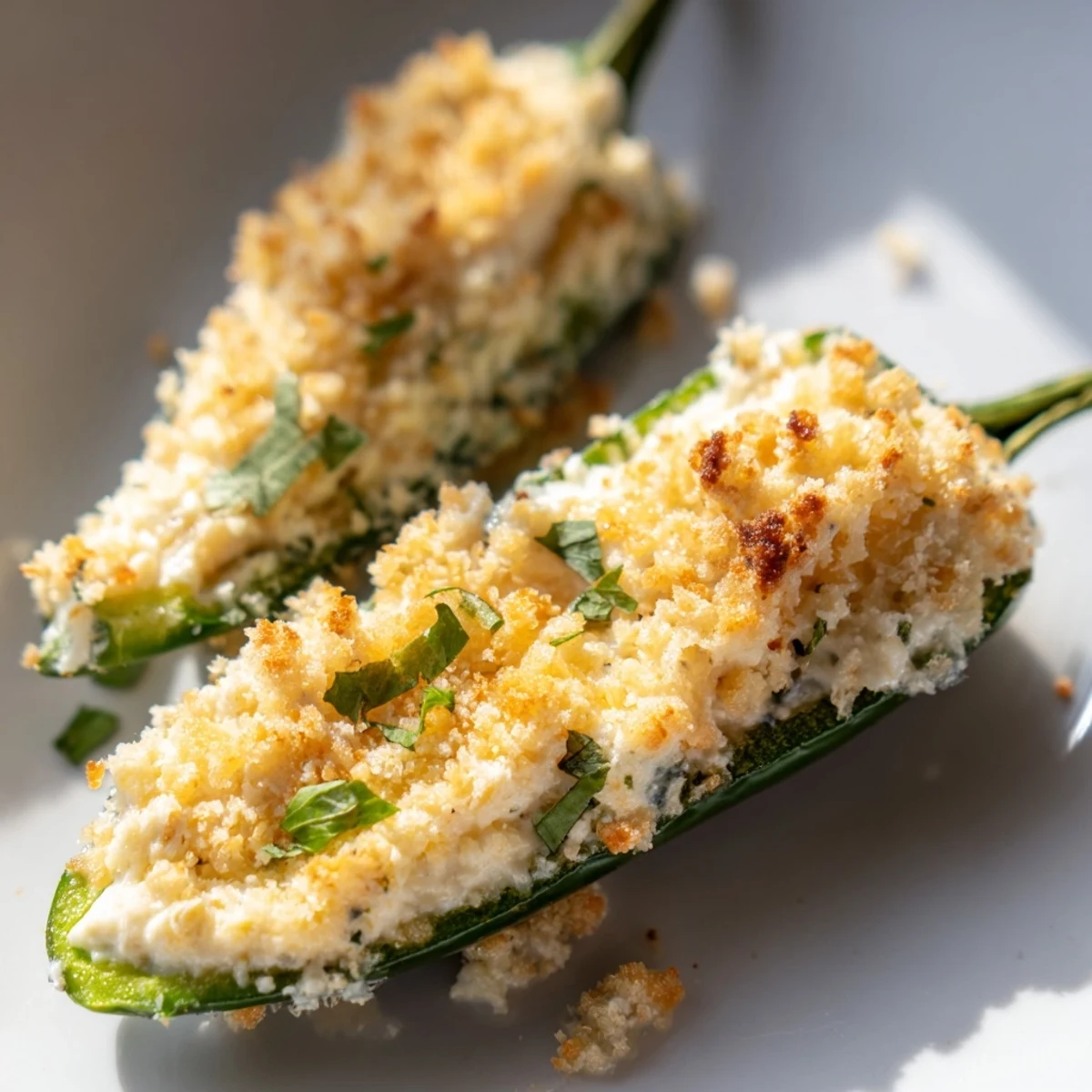 Close-up of Spicy Jalapeño Poppers with Cream Cheese Filling, highlighting the golden breadcrumbs and vibrant green jalapeño skin.