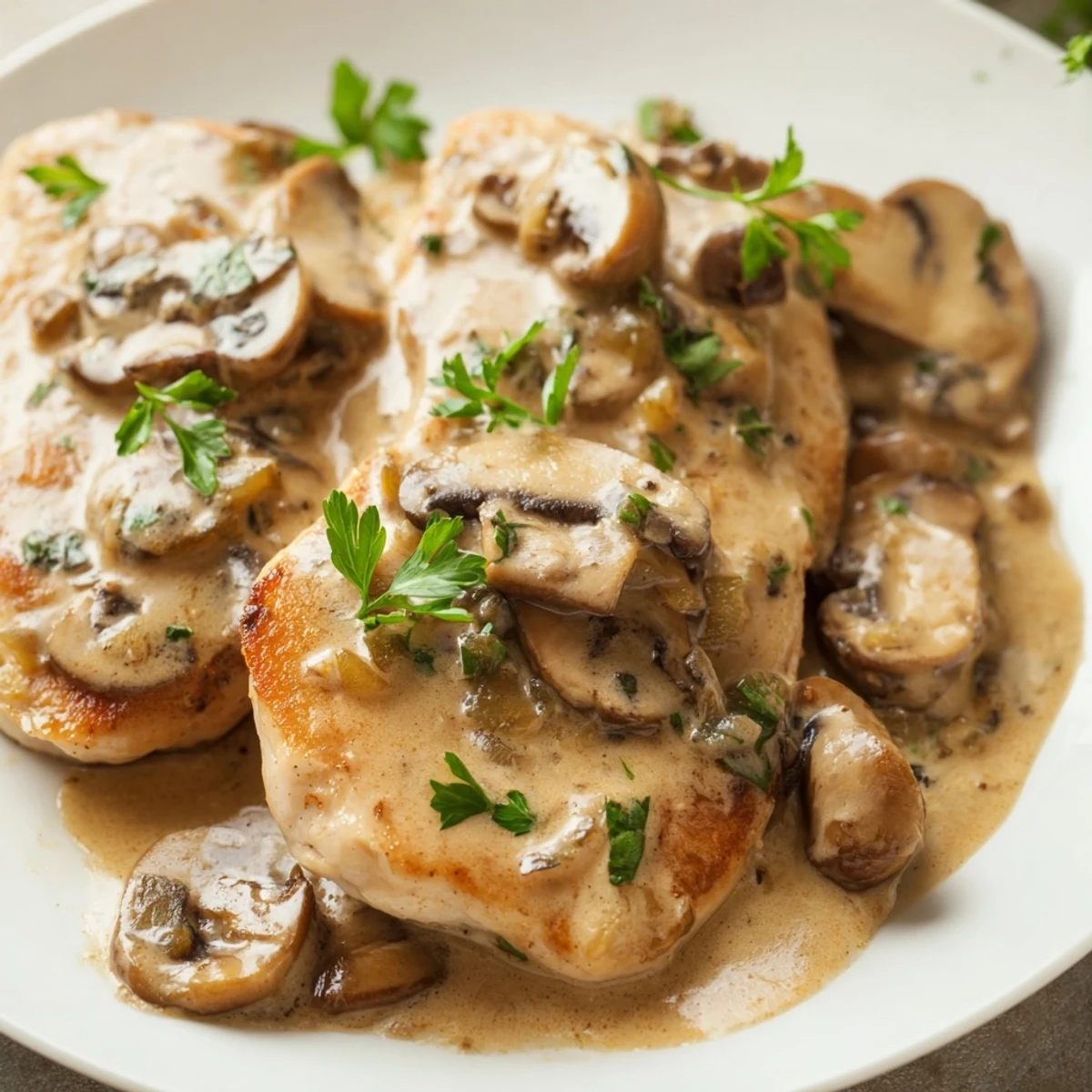 Creamy Mushroom Chicken Skillet with Herbs features tender chicken and sautéed mushrooms topped with fresh parsley. 