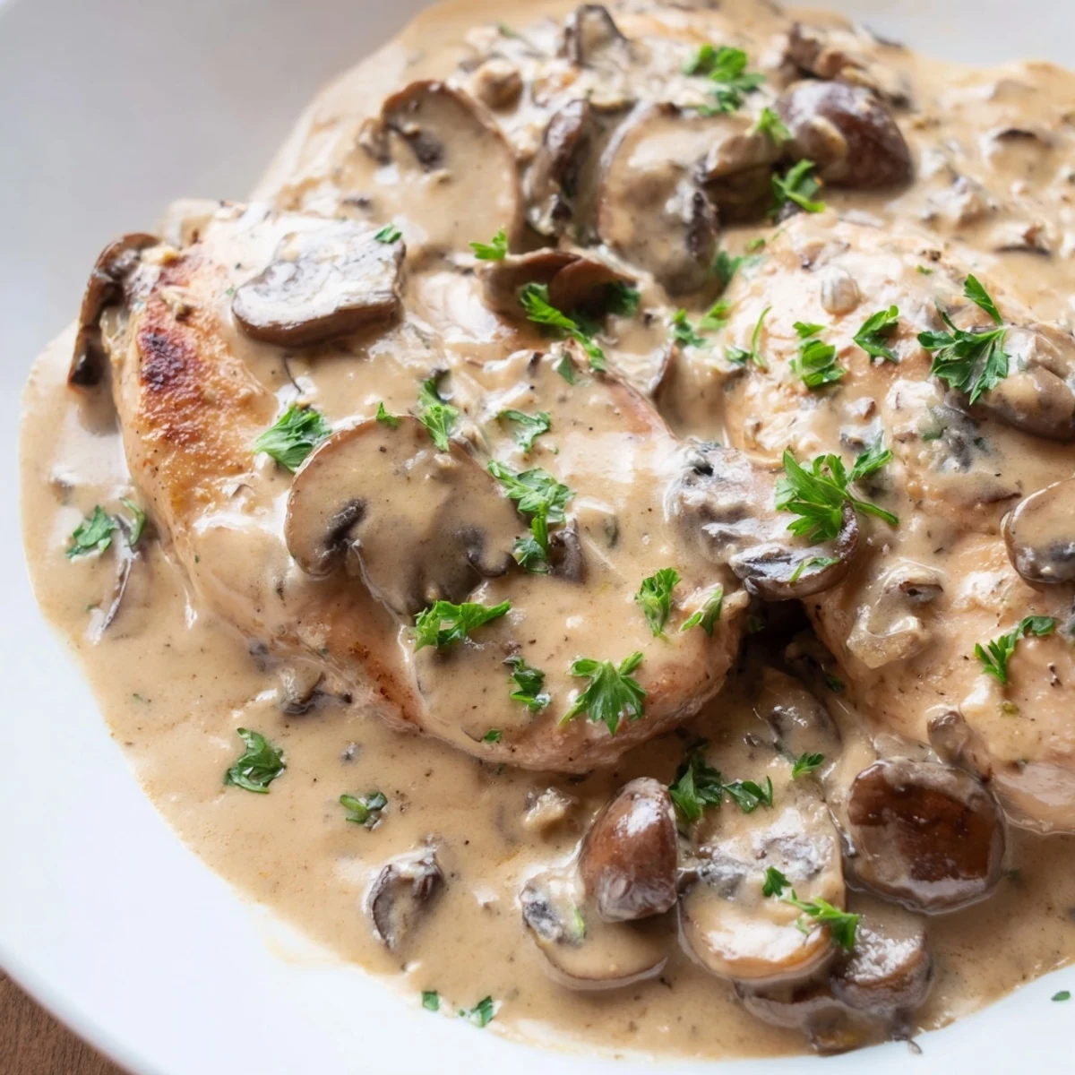 Sizzling Creamy Mushroom Chicken Skillet with Herbs next to mashed potatoes and a glass of white wine.