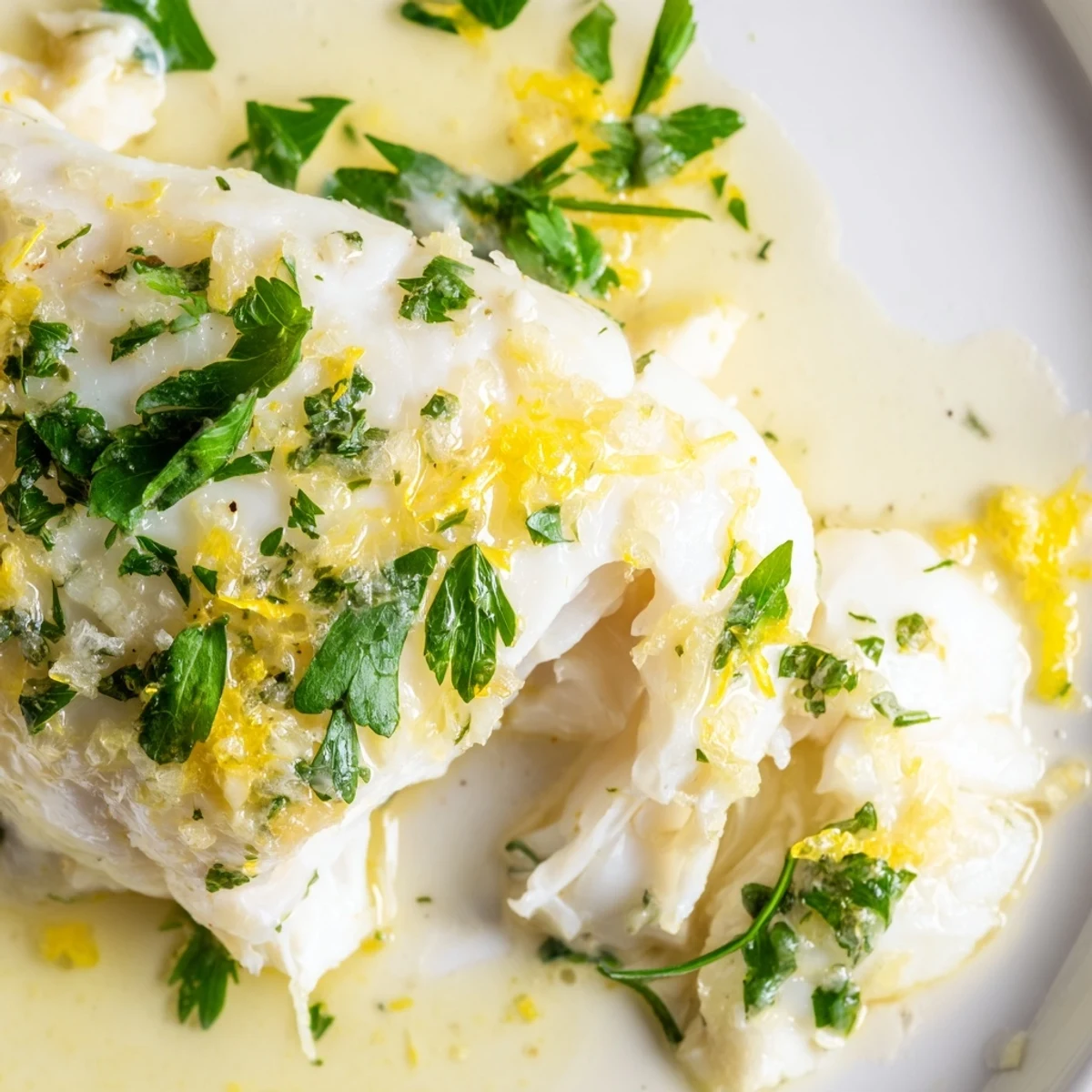 Freshly baked Baked Halibut with Garlic and Lemon Butter fillets topped with melted butter and minced garlic.