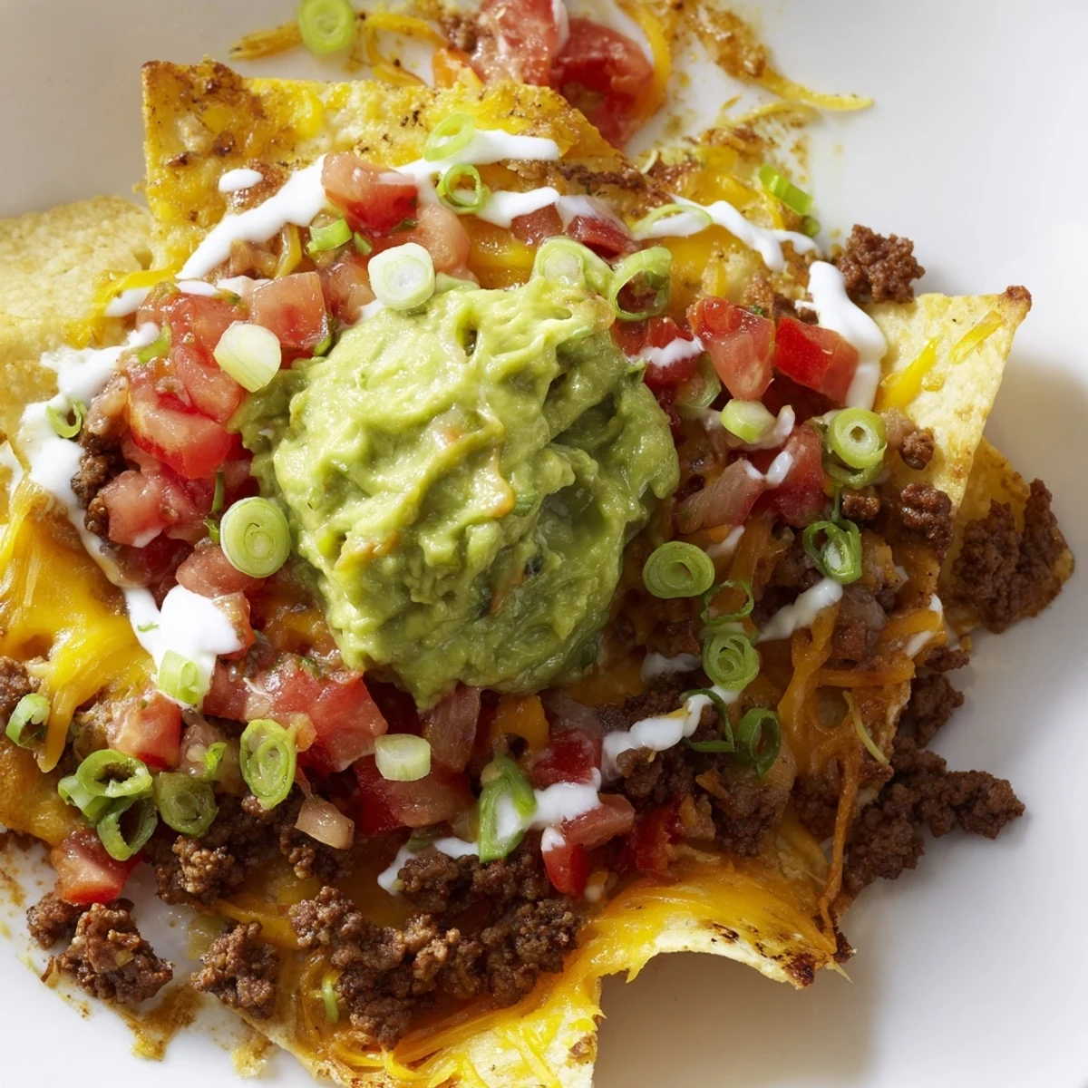 Golden, melted cheddar and Monterey Jack cheese covers seasoned ground beef on crispy tortilla chips for these Beef Nachos with Guacamole and Fresh Salsa.