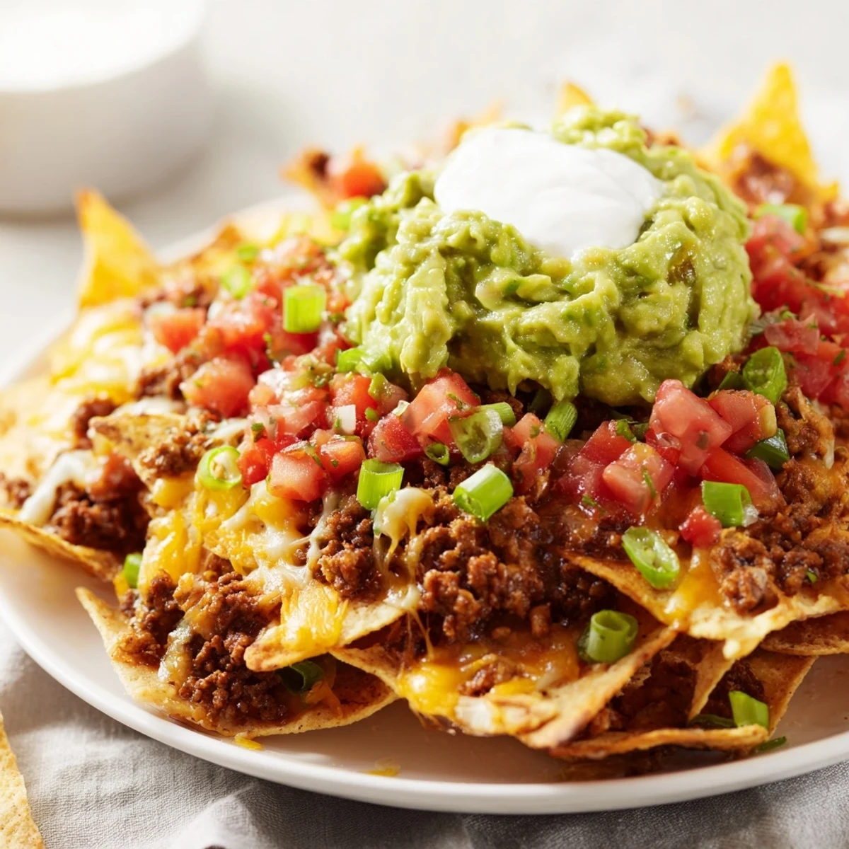 A hand holds a single tortilla chip loaded with warm ground beef, melted cheese, and a dollop of guacamole, showcasing the best Beef Nachos with Guacamole and Fresh Salsa.