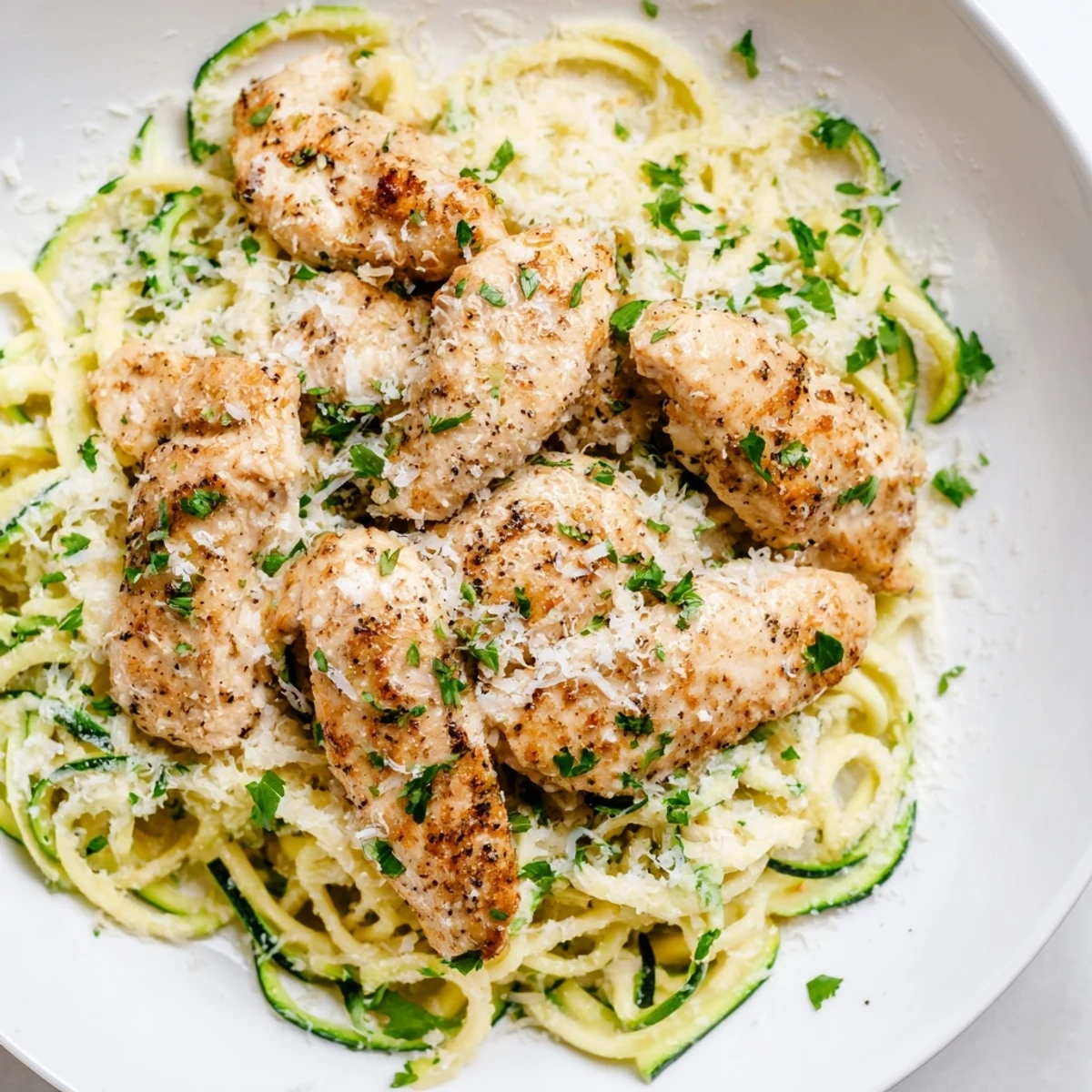 Creamy Chicken Alfredo with Zucchini Noodles features tender chicken and spiralized zucchini tossed in a rich garlic Parmesan sauce, garnished with fresh parsley.