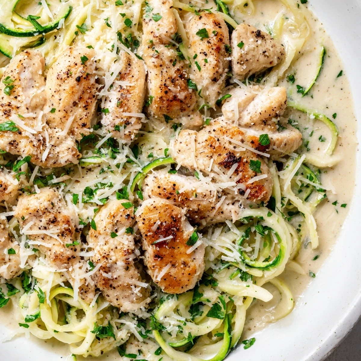 Tender chicken breast and golden-brown spiralized zucchini noodles coated in a rich garlic Alfredo sauce, served hot with extra Parmesan and fresh parsley garnish.