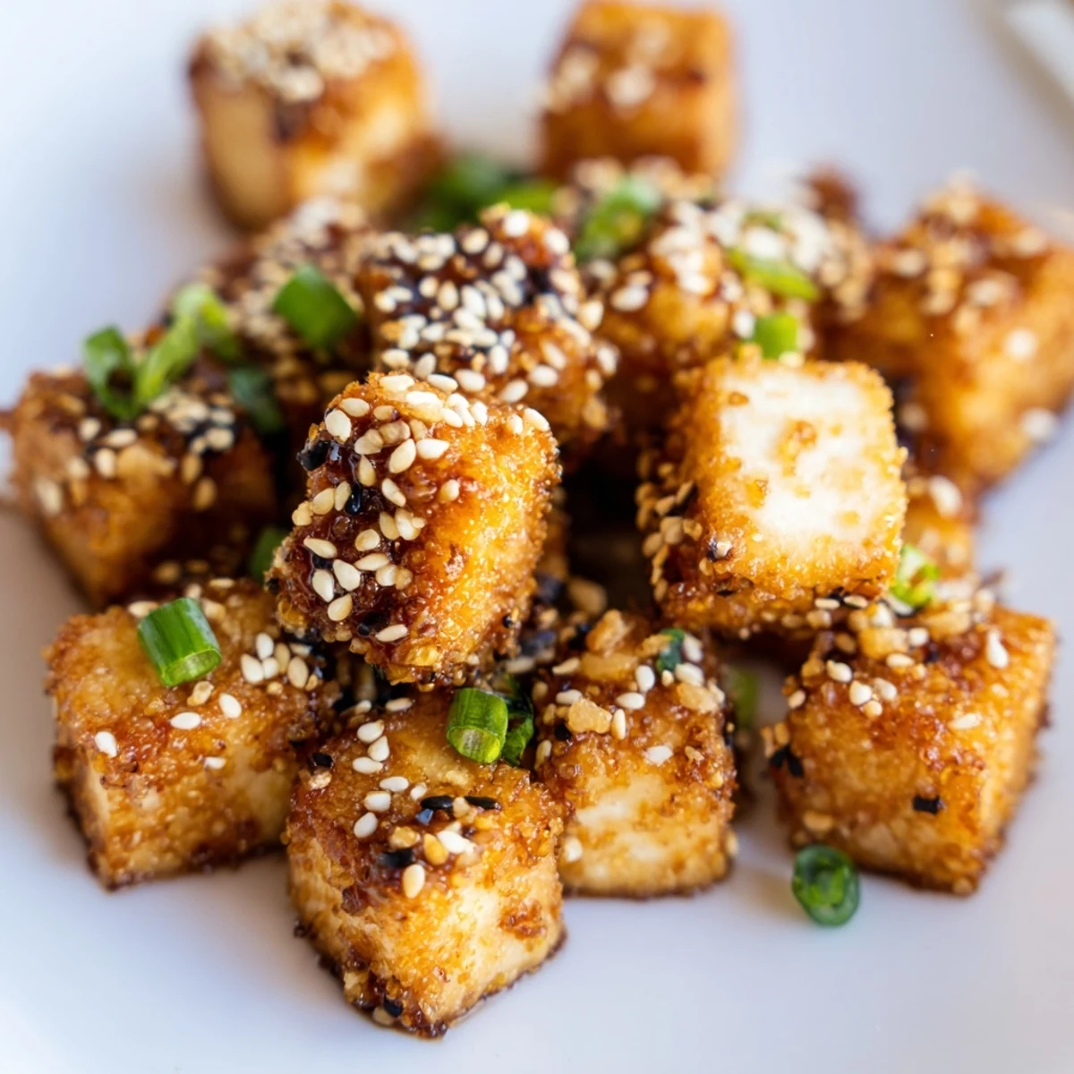 Golden-brown crispy air fryer tofu cubes coated in a sticky soy glaze, garnished with green onions and sesame seeds, served over white rice.