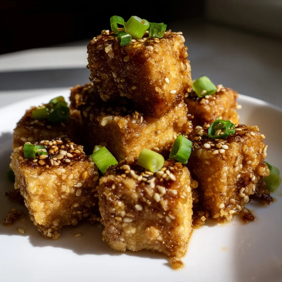 Freshly prepared Crispy Air Fryer Tofu with Soy Glaze in a white bowl, topped with sesame seeds for a vegan weeknight meal.