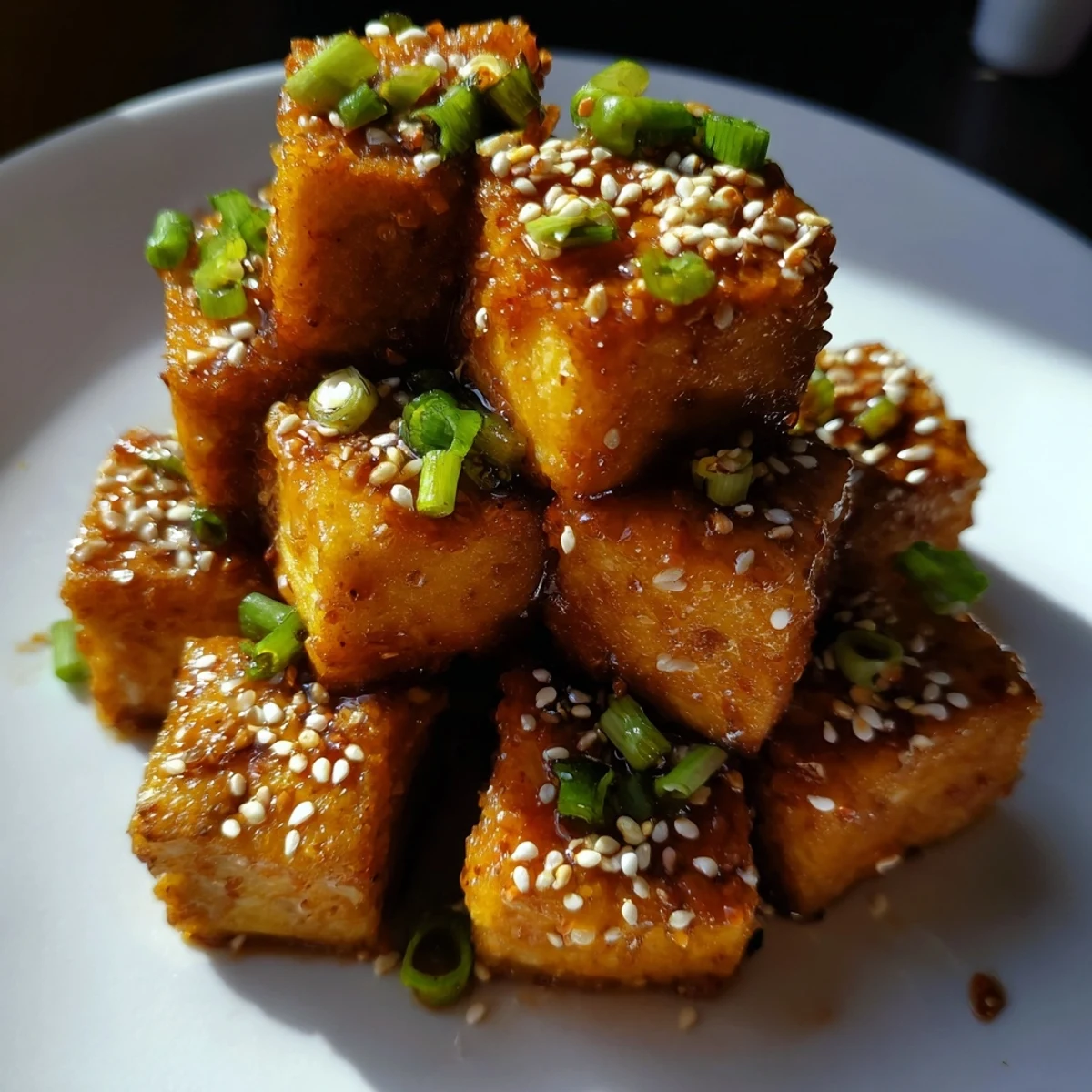 Close-up of glossy soy-glazed tofu pieces, highlighting the crunchy texture and savory coating ready for an appetizer or main dish.