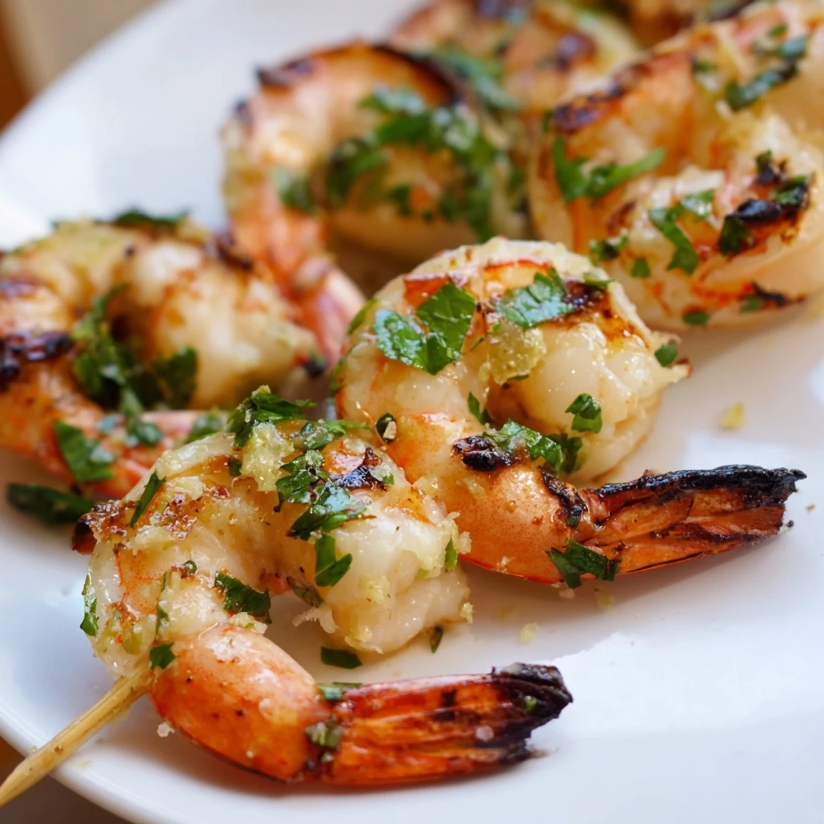 Golden-brown Lemon Garlic Shrimp Skewers sizzling on a grill with visible char marks and fresh parsley garnish.