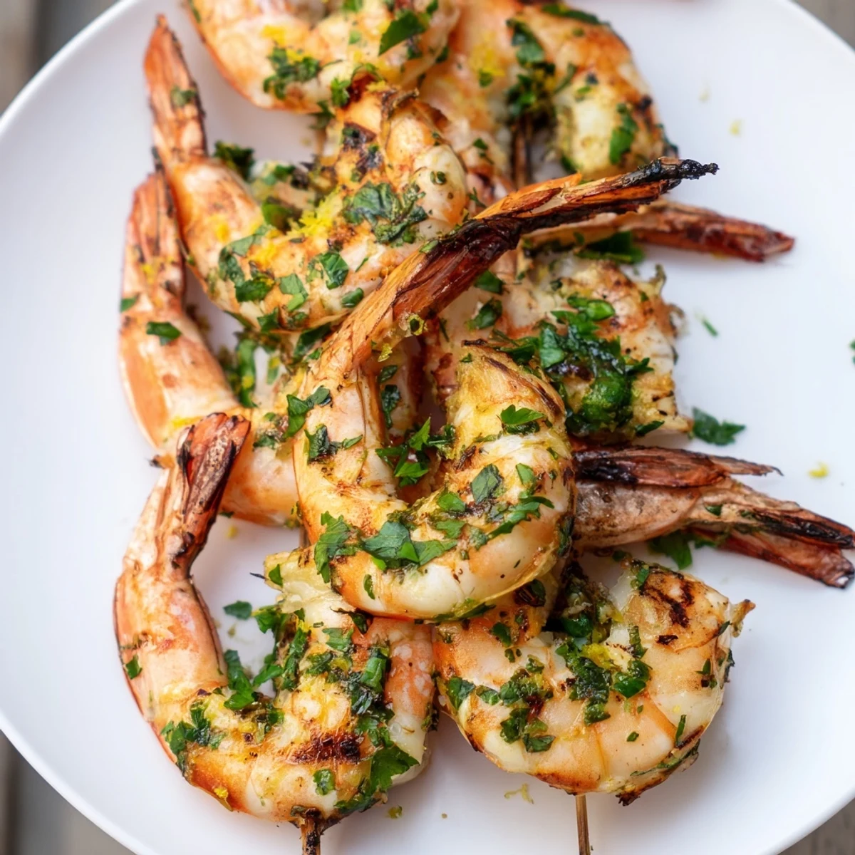 A close-up of Lemon Garlic Shrimp Skewers with glistening olive oil marinade and vibrant red pepper flakes.