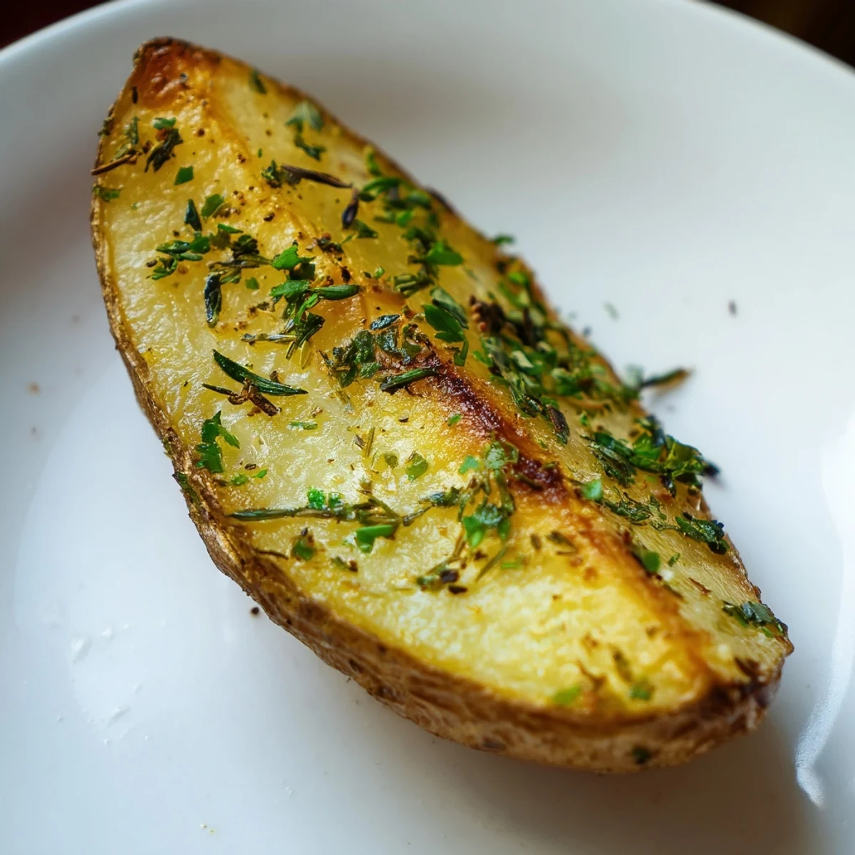 Freshly baked Crispy Potato Wedges with Herbs, golden-brown and steaming on a rustic plate ready to dip.