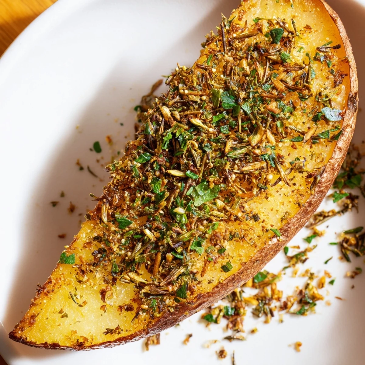 Oven-baked Crispy Potato Wedges with Herbs arranged next to creamy aioli and ketchup on a table.