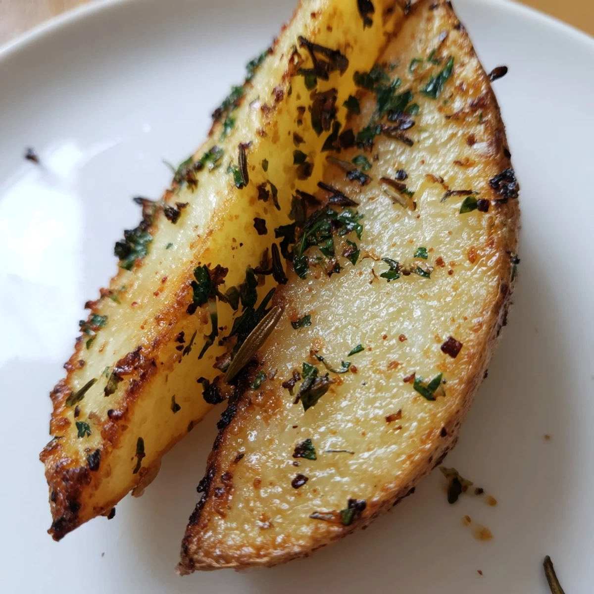 A close-up of Crispy Potato Wedges with Herbs, highlighting crunchy edges and fresh green parsley garnish.