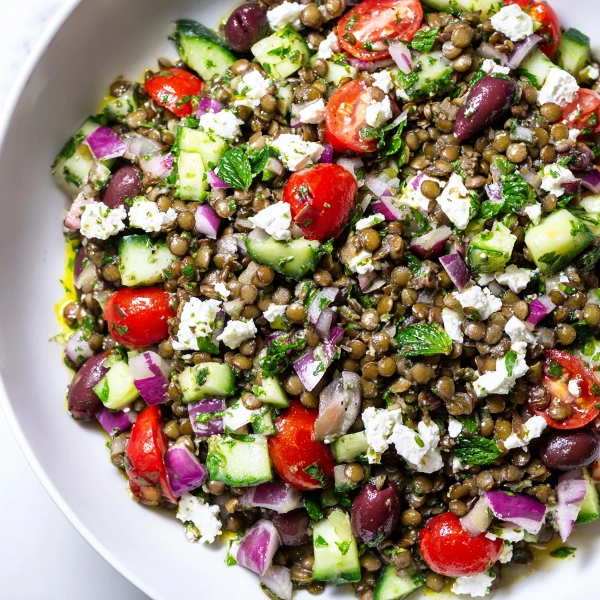 Freshly cooked green lentils mixed with cherry tomatoes, cucumber, and red onion in a large bowl for a Mediterranean Lentil Salad.