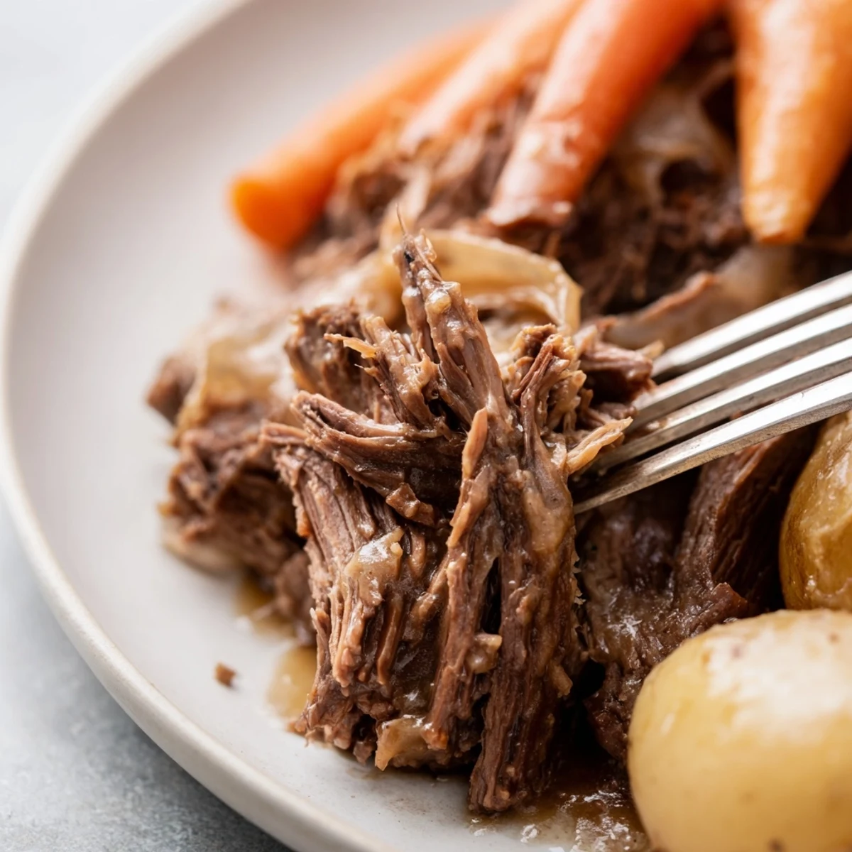 Slow Cooker Pot Roast with Carrots served in a bowl with tender beef, glazed carrots, and golden potatoes, smothered in rich brown gravy.