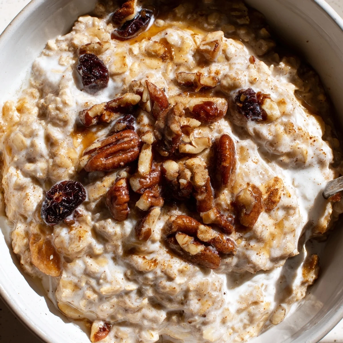 A hearty breakfast bowl of Irish Oatmeal with Whiskey-Free Cream, drizzled with sweet vanilla cream and garnished with brown sugar and raisins.