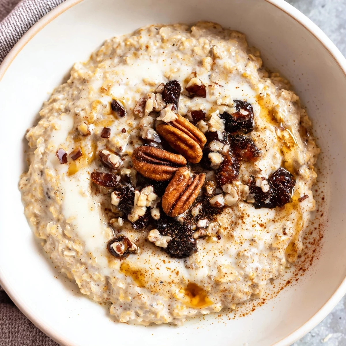 Close-up of creamy Irish Oatmeal with Whiskey-Free Cream, featuring steel-cut oats, a rich vanilla drizzle, and chopped toasted walnuts for texture.