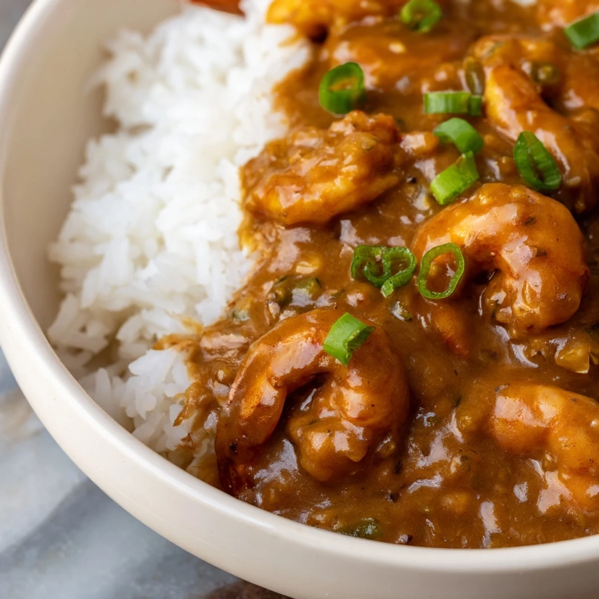 Bright orange crawfish étouffée with tender tails simmered in a rich, spicy Creole sauce, served over a mound of fluffy white rice.  