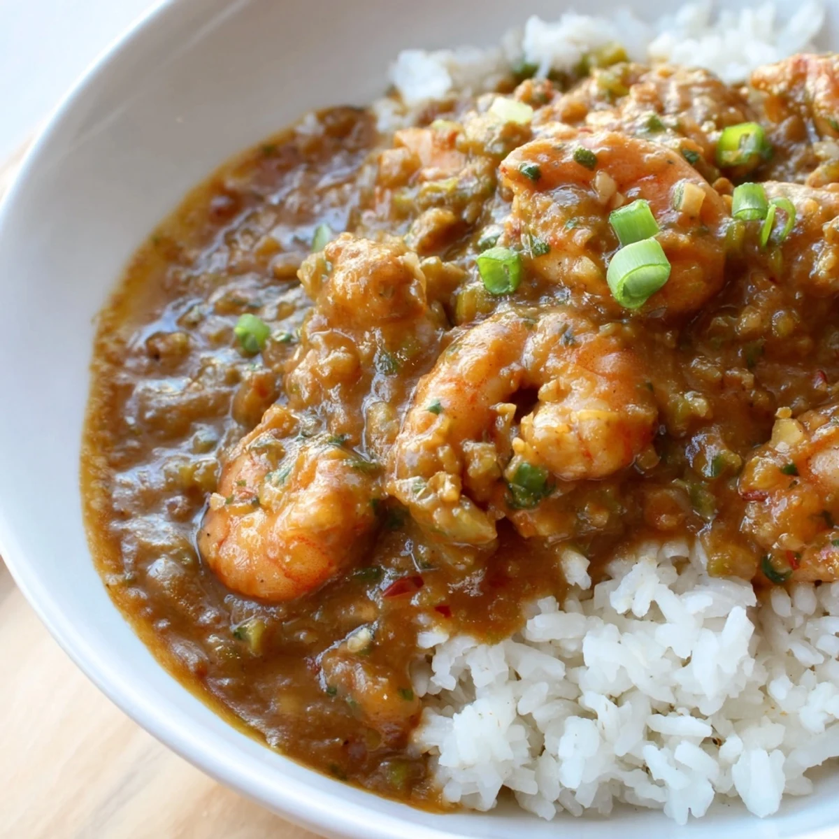 Steaming bowl of homemade crawfish étouffée ladled over fluffy rice, finished with chopped parsley and a side of crusty bread.