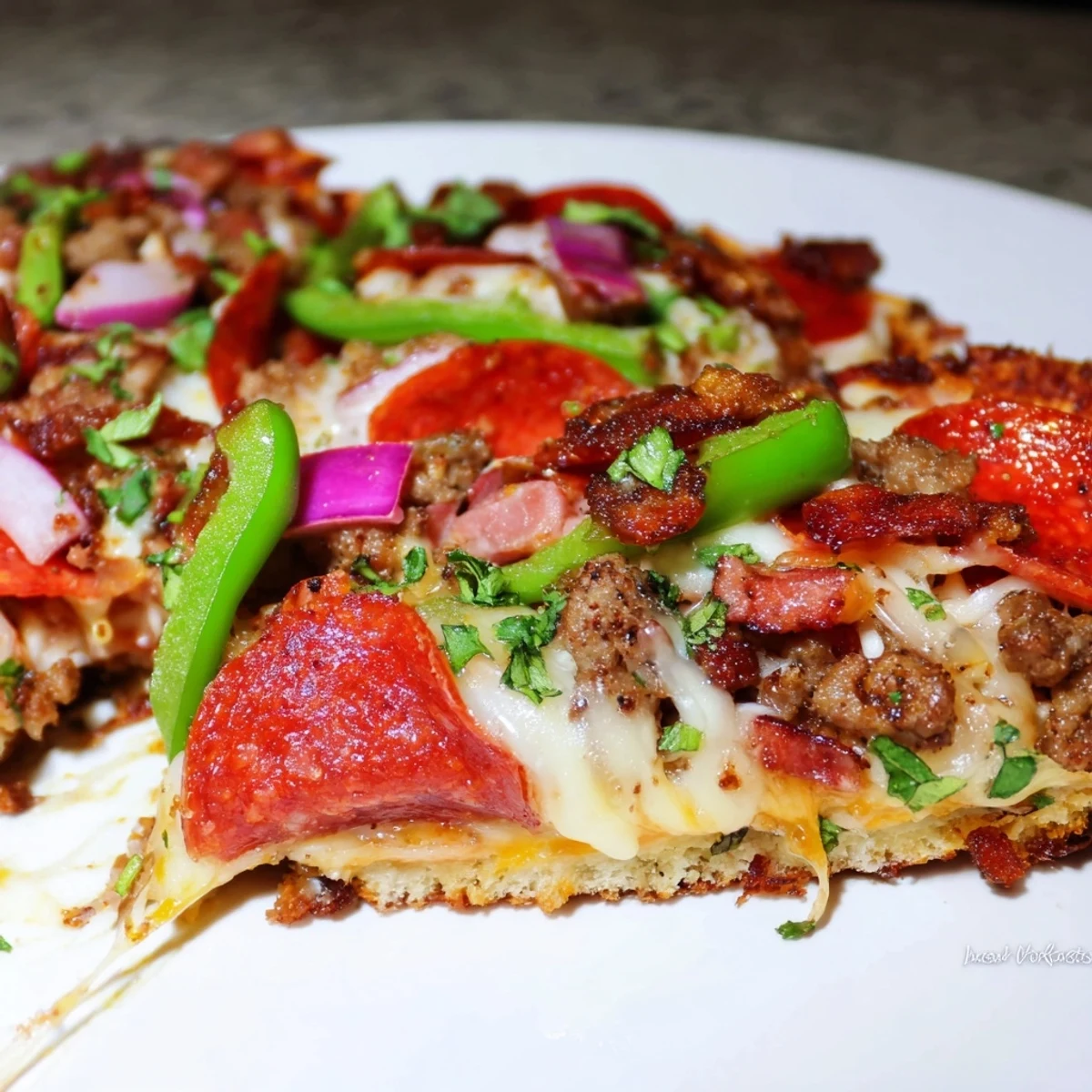 Golden, bubbling mozzarella and halal meats top a crisp 12-inch MVP Meat Lover Pizza, sliced and ready to serve.