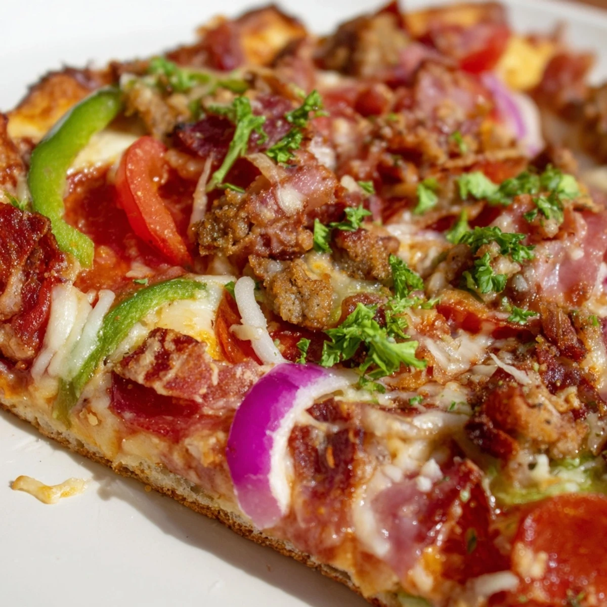 A close-up of a hearty MVP Meat Lover Pizza with beef pepperoni, sausage, chicken, and turkey bacon garnishes.
