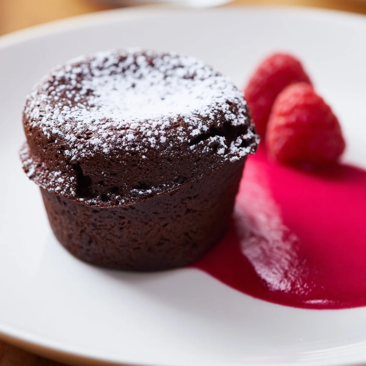 Golden-brown chocolate soufflés in ramekins with a vibrant raspberry sauce drizzled on the side.