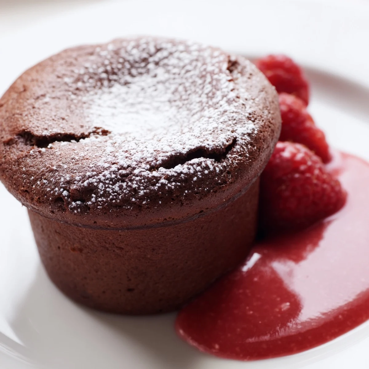 Freshly baked chocolate soufflés rising high, served with a tangy raspberry coulis on a dessert plate.