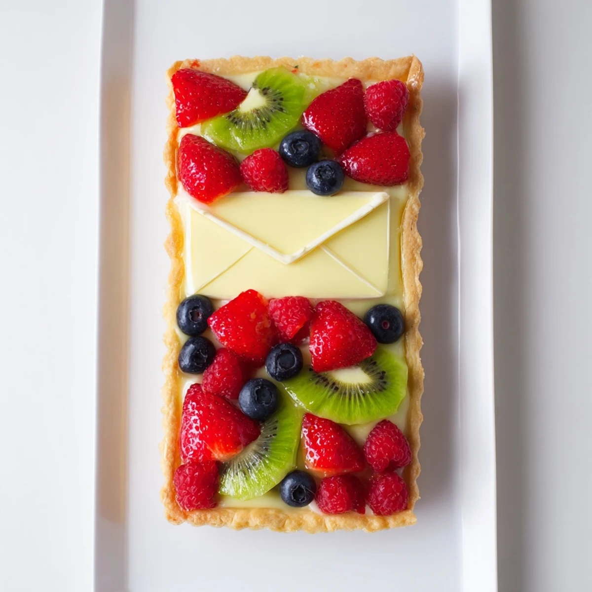 Love Letter Fruit Tart with vibrant kiwi slices and red currants, brushed with apricot glaze for a shiny finish, ideal for a romantic dessert course.