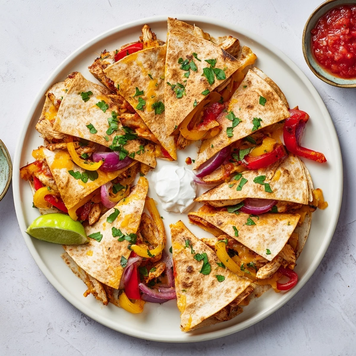 Golden-brown Chicken Quesadillas with Peppers sit beside fresh cilantro and lime wedges on a rustic plate.